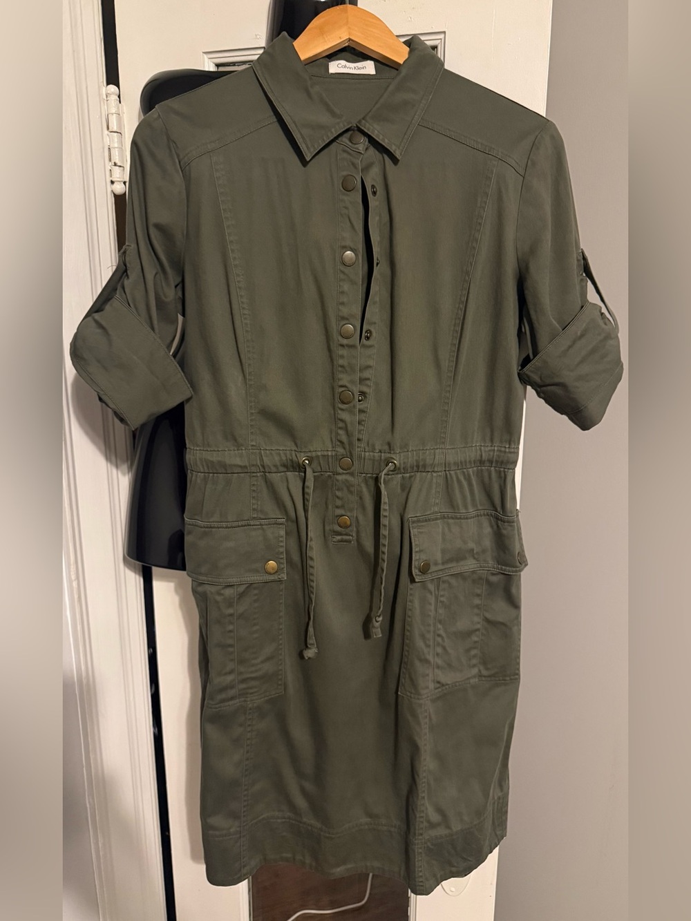 Calvin Klein Olive Green Utility Shirt Dress Drawstring Waist Convertible Sz M 8